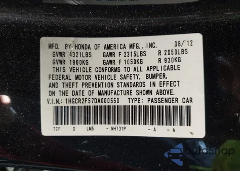 2013 Honda Accord Sport from USA, damaged, VIN 1HGCR2F57DA000550
